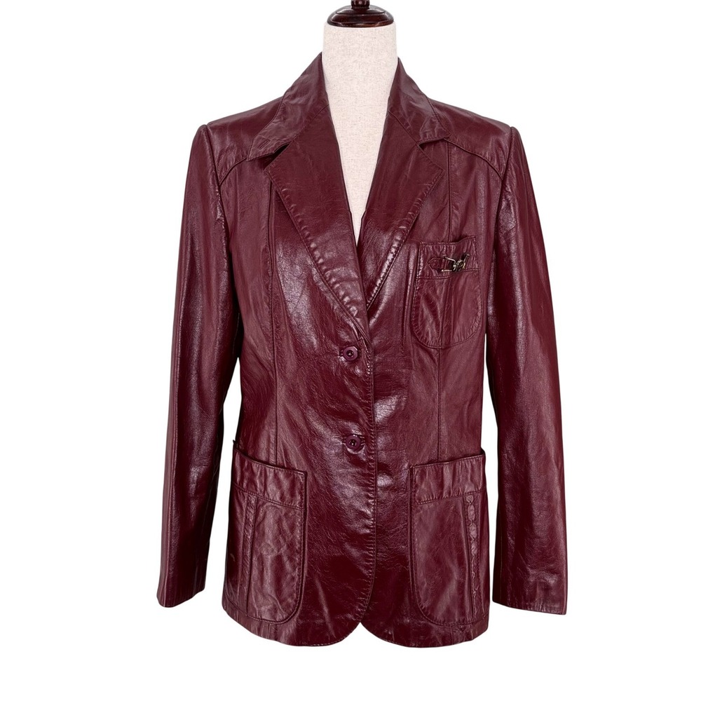 Etienne Aigner Burgundy Leather Jacket 70s Vintage Notched Collar Size 10‎